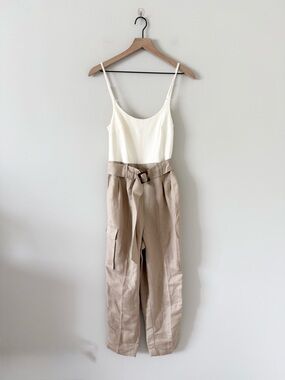 Express Wide-Leg Linen Blend Cargo Bottom Jumpsuit with Cream Top Size XS